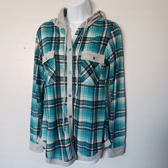 Passport Medium Long Sleeve Button Up Shirt Hooded Teal Black Grey Plaid Top - Picture 1 of 7